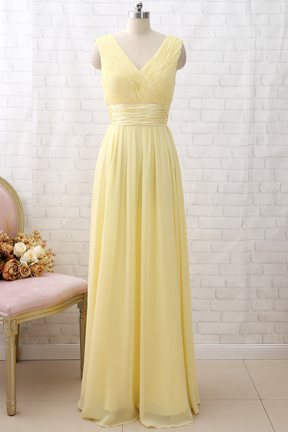 MACloth Straps V neck Chiffon Long Bridesmaid Dress Yellow Formal Party Dress Yellow / Tea Length / US0 MACloth Straps V neck Chiffon Long Bridesmaid Dress Yellow Formal Party Dress Yellow / Tea Length / US0
