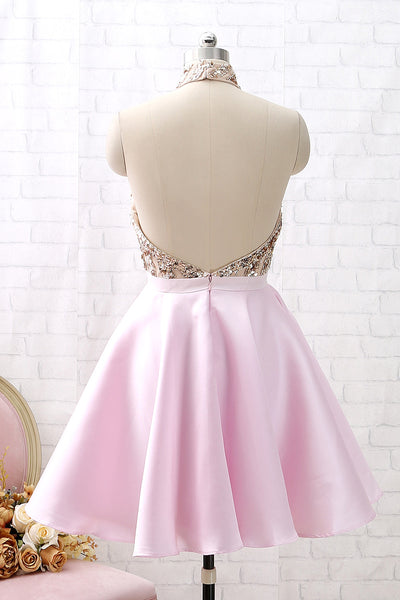 MACloth Halter Sequin Beaded Short Prom Homecoming Dress Pink Cocktail Party Dress