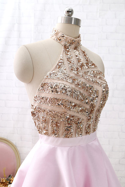 MACloth Halter Sequin Beaded Short Prom Homecoming Dress Pink Cocktail Party Dress