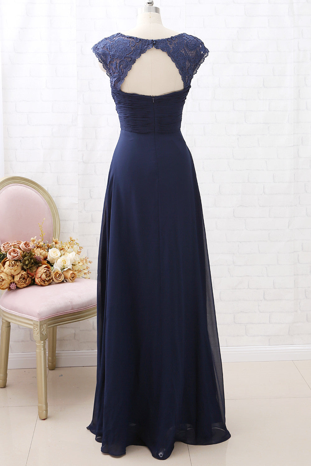 MACloth Cap Sleeves Lace Chiffon Long Bridesmaid Dress Dark Navy Formal Party Dress