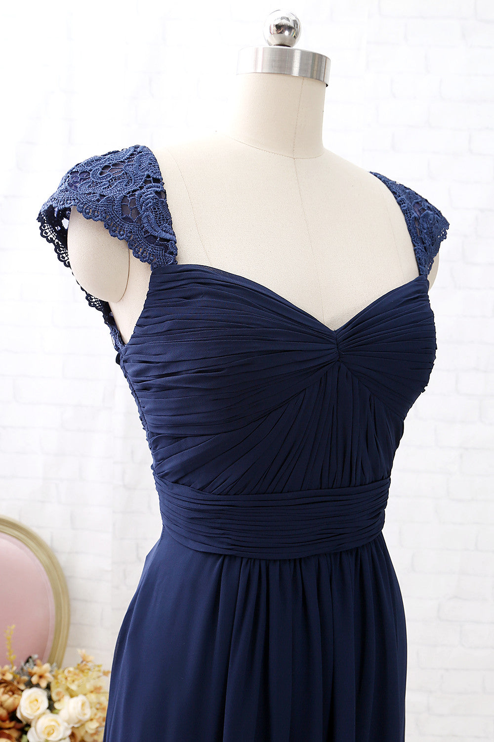 MACloth Cap Sleeves Lace Chiffon Long Bridesmaid Dress Dark Navy Formal Party Dress
