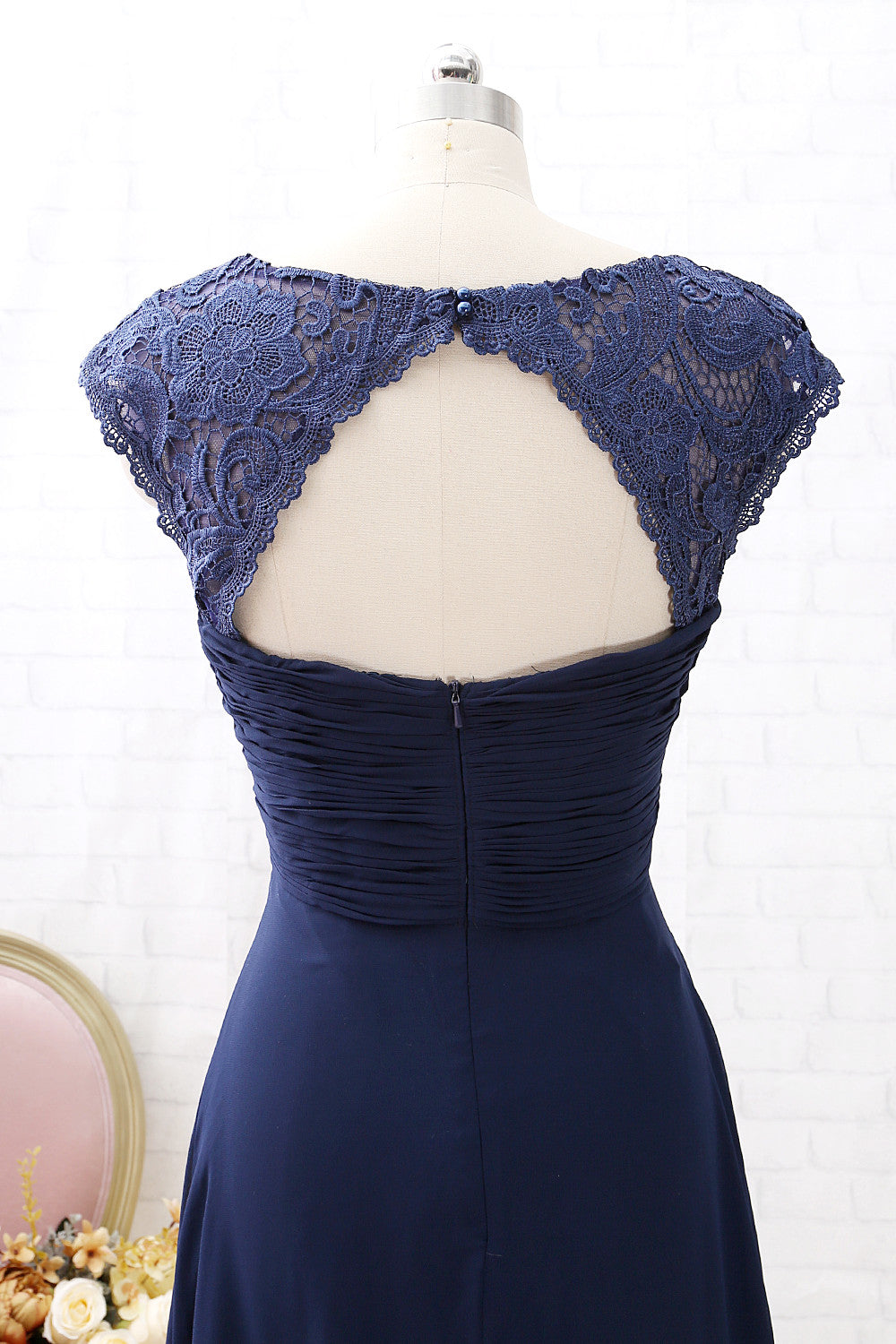 MACloth Cap Sleeves Lace Chiffon Long Bridesmaid Dress Dark Navy Formal Party Dress