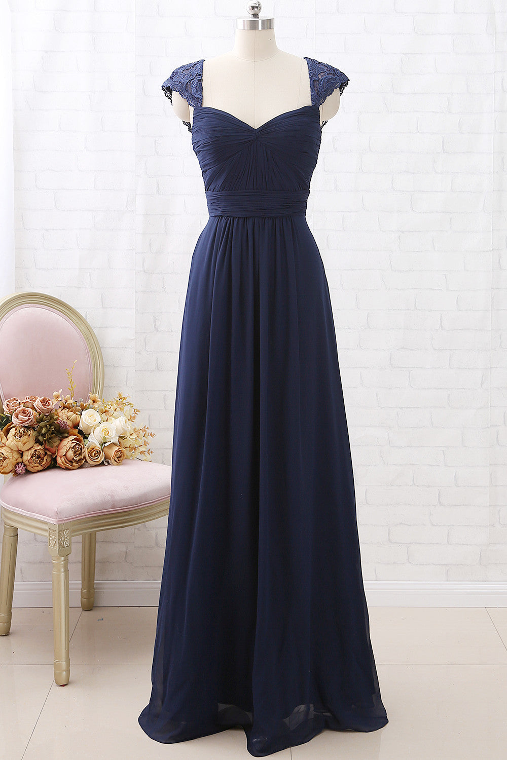 MACloth Cap Sleeves Lace Chiffon Long Bridesmaid Dress Dark Navy Formal Party Dress