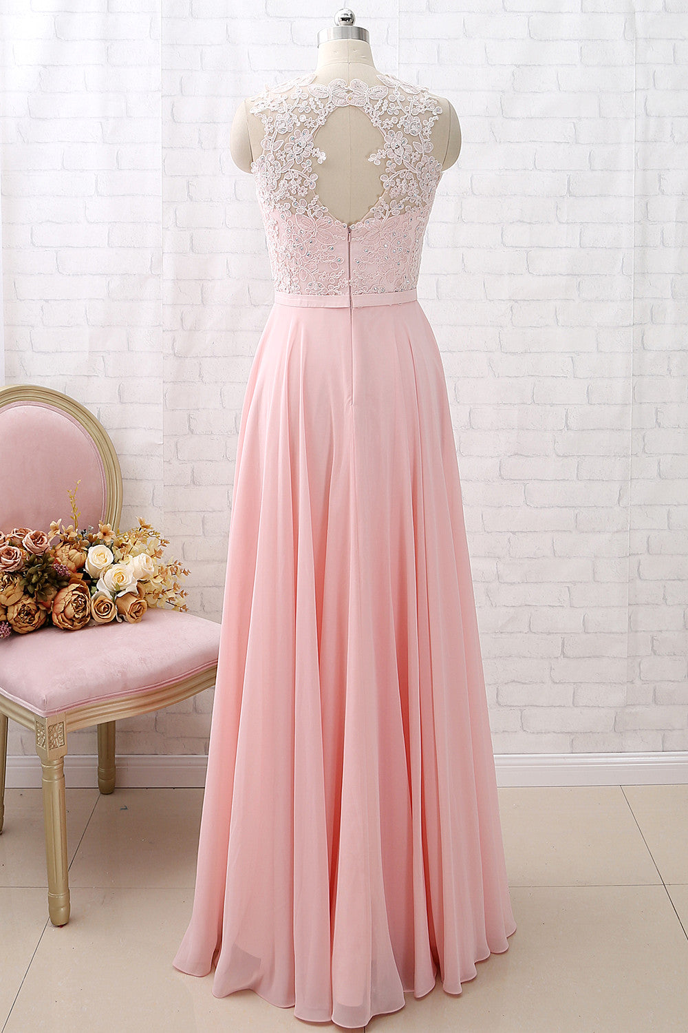 MACloth Straps O Neck Lace Chiffon Long Bridesmaid Dress Pink Formal Party Dress