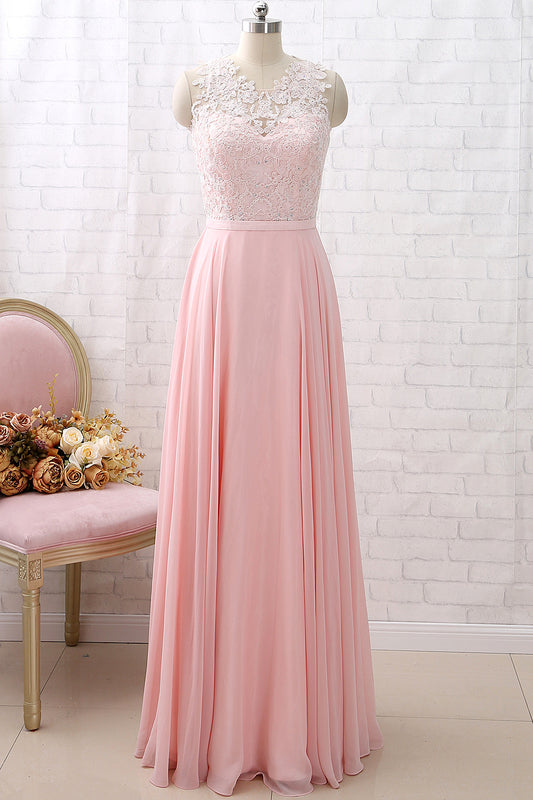 Vestido de dama de honor largo de gasa con encaje y cuello redondo con tirantes MACloth, vestido de fiesta formal rosa