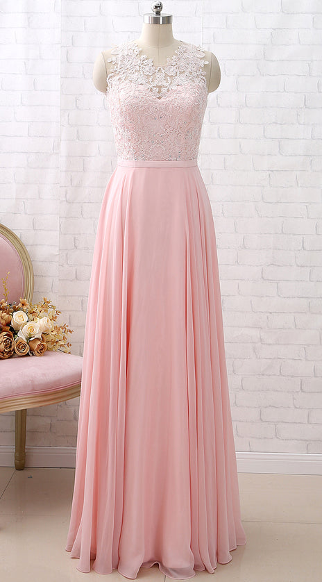 MACloth Straps O Neck Lace Chiffon Long Bridesmaid Dress Pink Formal Party Dress