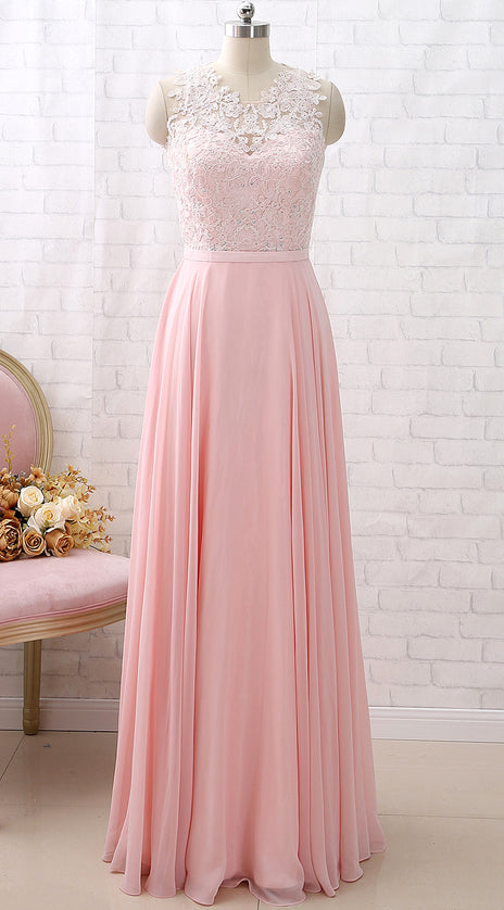 MACloth Straps O Neck Lace Chiffon Long Bridesmaid Dress Pink Formal Party Dress