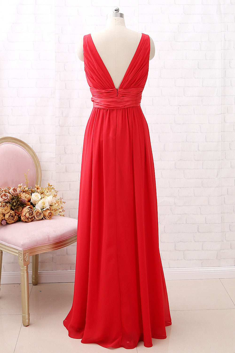 Vestido de dama de honor largo de gasa con escote en V y tirantes MACloth con cinturón, vestido de noche formal rojo