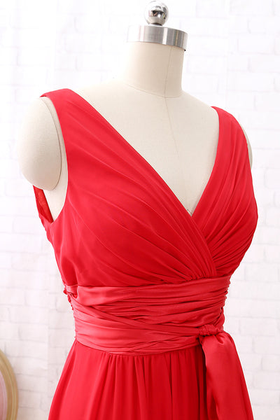 MACloth Straps V Neck Chiffon Long Bridesmaid Dress with Belt Red Formal Evening Gown