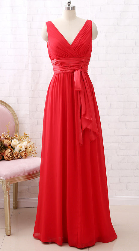 MACloth Straps V Neck Chiffon Long Bridesmaid Dress with Belt Red Formal Evening Gown