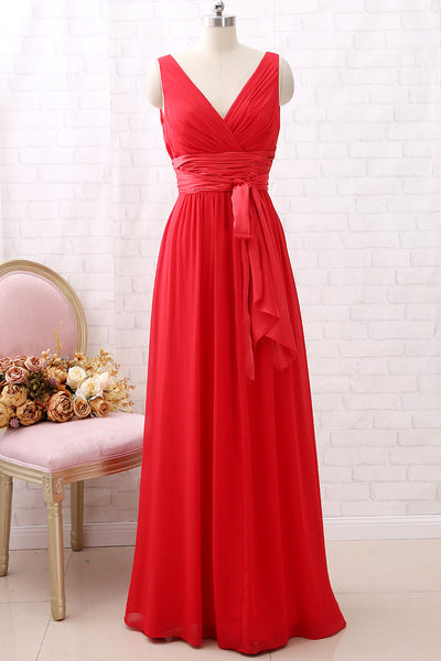 MACloth Straps V Neck Chiffon Long Bridesmaid Dress with Belt Red Formal Evening Gown