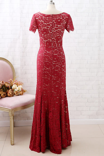 MACloth Sheath Short Sleeves V Neck Lace Burgundy Formal Evening Gown