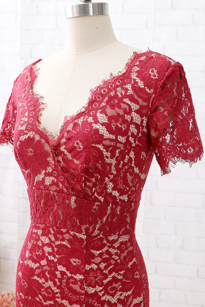 MACloth Sheath Short Sleeves V Neck Lace Burgundy Formal Evening Gown