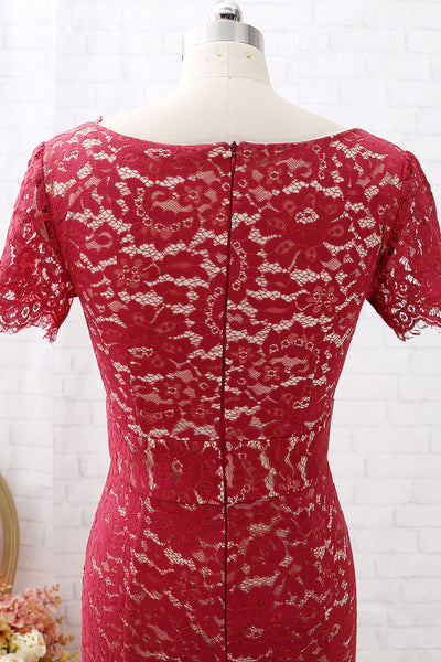 MACloth Sheath Short Sleeves V Neck Lace Burgundy Formal Evening Gown