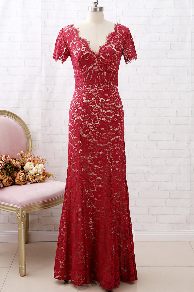 MACloth Sheath Short Sleeves V Neck Lace Burgundy Formal Evening Gown