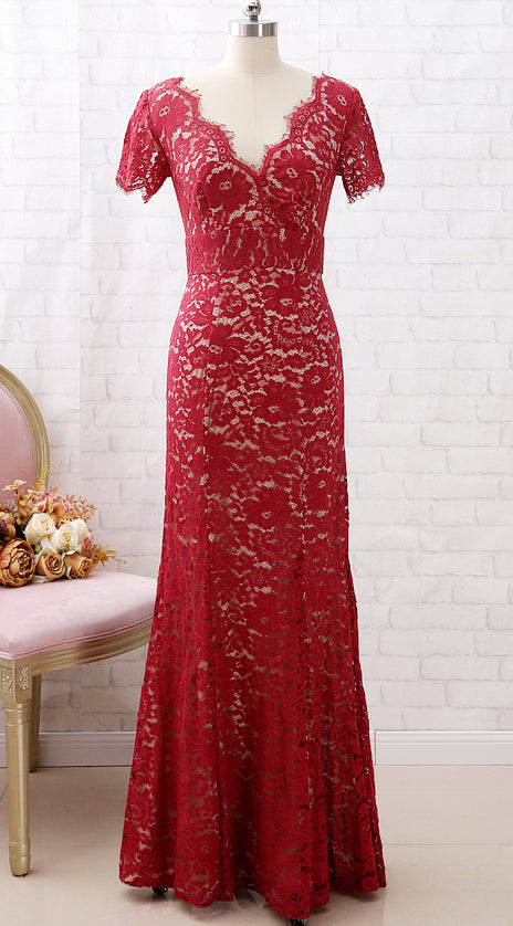 MACloth Sheath Short Sleeves V Neck Lace Burgundy Formal Evening Gown