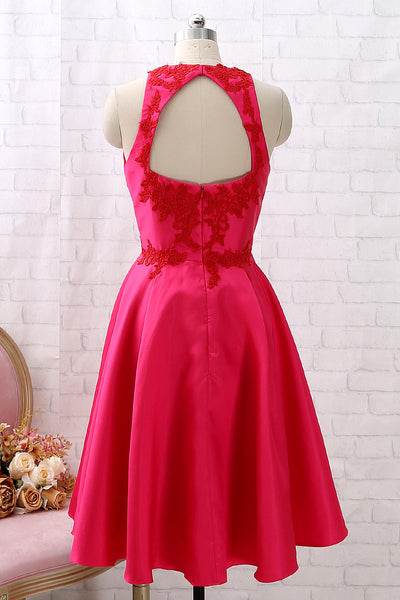 MACloth Straps O Neck Tea Length Hot Pink Cocktail Dress Short Prom Homecoming Dress