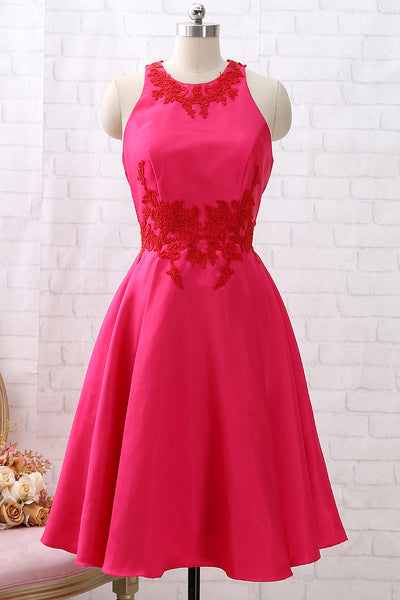MACloth Straps O Neck Tea Length Hot Pink Cocktail Dress Short Prom Homecoming Dress