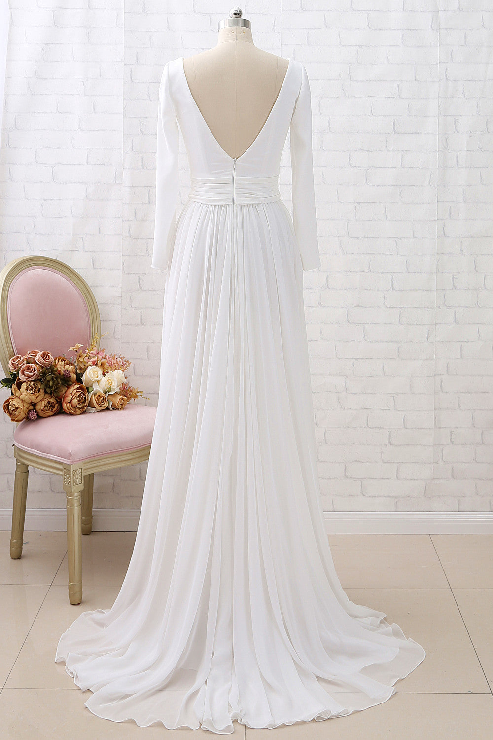 Vestido de noche formal de gasa con escote en V profundo y mangas largas de MACloth con abertura