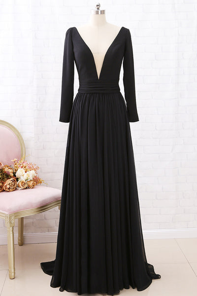 MACloth Long Sleeves Deep V neck Chiffon Formal Evening Gown with Slit