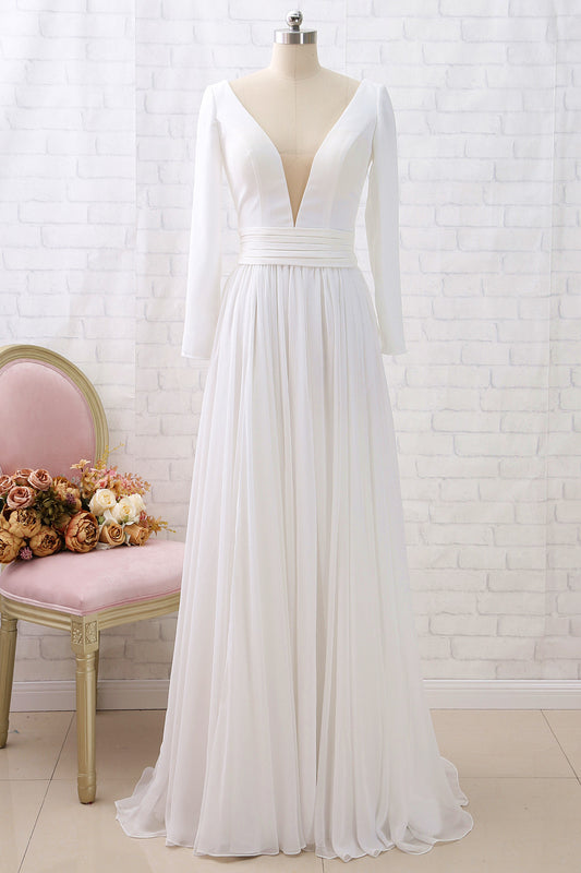 MACloth Long Sleeves Deep V neck Chiffon Formal Evening Gown with Slit