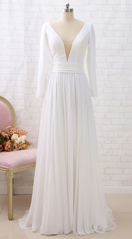 MACloth Long Sleeves Deep V neck Chiffon Formal Evening Gown with Slit