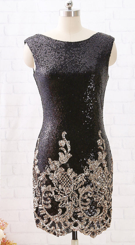 MACloth Boat Neck Sequin Open Back Black Cocktail Dress Short Party Dress Lily