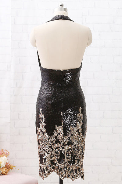 MACloth Halter V Neck Sequin Open Back Black Cocktail Dress Short Party Dress Lily