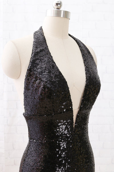 MACloth Halter V Neck Sequin Open Back Black Cocktail Dress Short Party Dress Lily