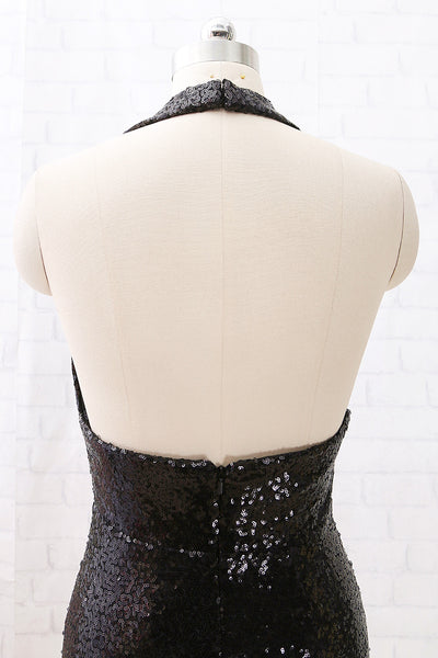 MACloth Halter V Neck Sequin Open Back Black Cocktail Dress Short Party Dress Lily