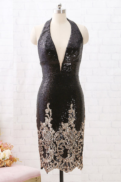 MACloth Halter V Neck Sequin Open Back Black Cocktail Dress Short Party Dress Lily