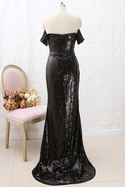MACloth Off the Shoulder Mermaid Long Sequin Prom Dress Black Formal Evening Gown