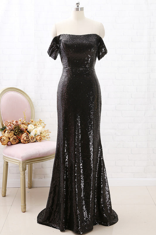 MACloth Off the Shoulder Mermaid Long Sequin Prom Dress Black Formal Evening Gown