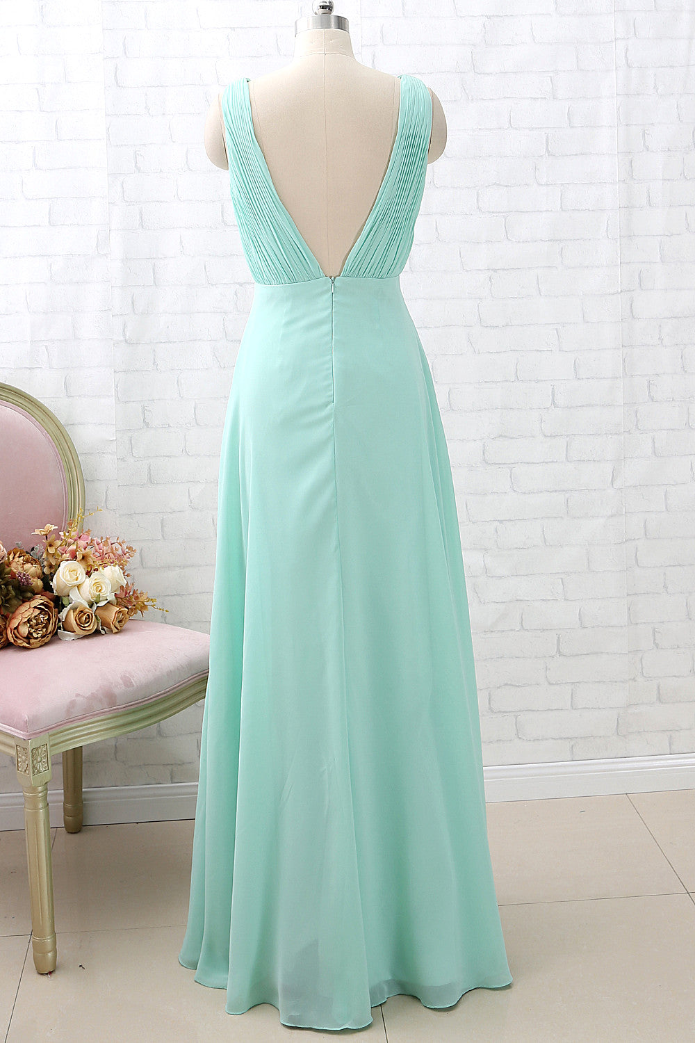 MACloth Straps V Neck Chiffon Mint Long Bridesmaid Dress Formal Party Dress