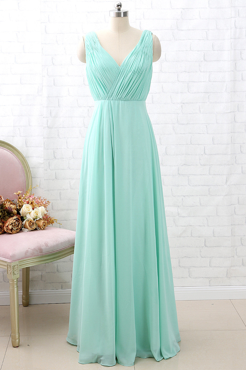 MACloth Straps V Neck Chiffon Mint Long Bridesmaid Dress Formal Party Dress