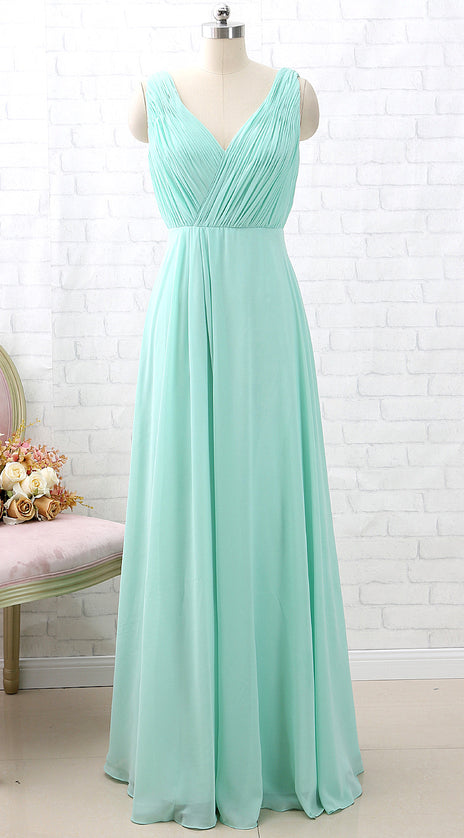 MACloth Straps V Neck Chiffon Mint Long Bridesmaid Dress Formal Party Dress