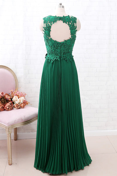 MACloth Vintage Lace Chiffon Open Back Green Long Bridesmaid Dress Formal Prom Gown