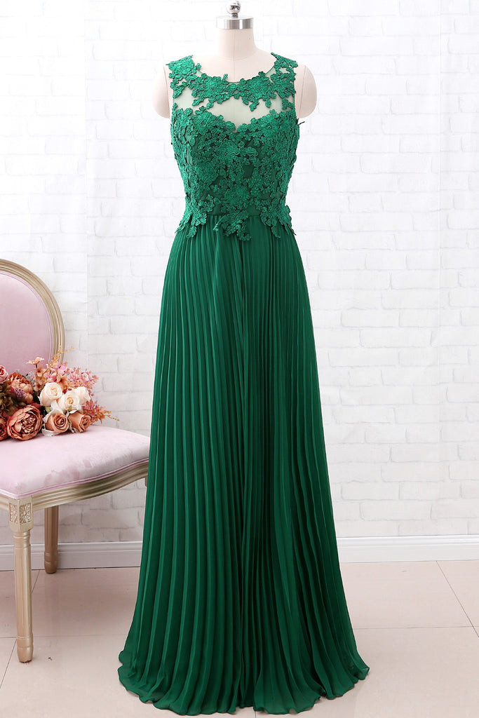 MACloth Vintage Lace Chiffon Open Back Green Long Bridesmaid Dress Formal Prom Gown