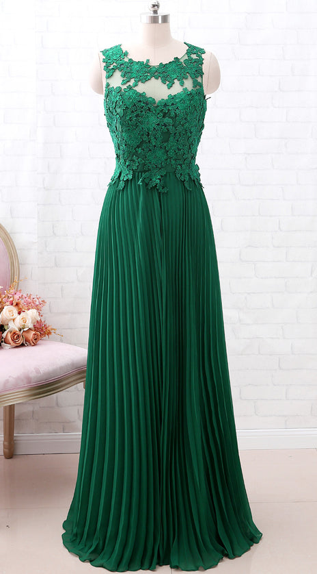 MACloth Vintage Lace Chiffon Open Back Green Long Bridesmaid Dress Formal Prom Gown
