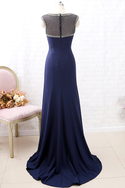 MACloth Cap Sleeves Beaded Long Mother of the Brides Dress Dark Navy Formal Evening Gown