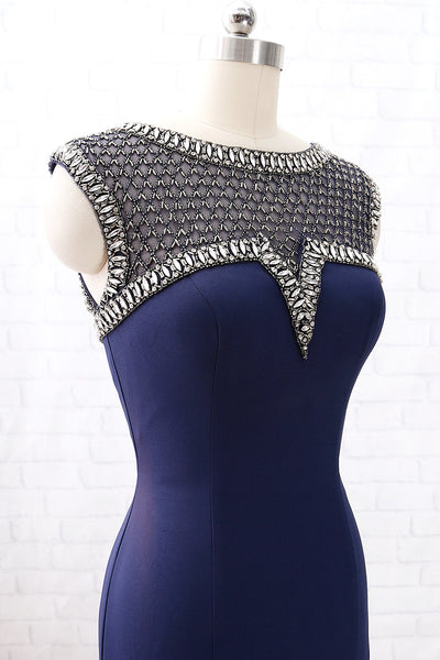 MACloth Cap Sleeves Beaded Long Mother of the Brides Dress Dark Navy Formal Evening Gown