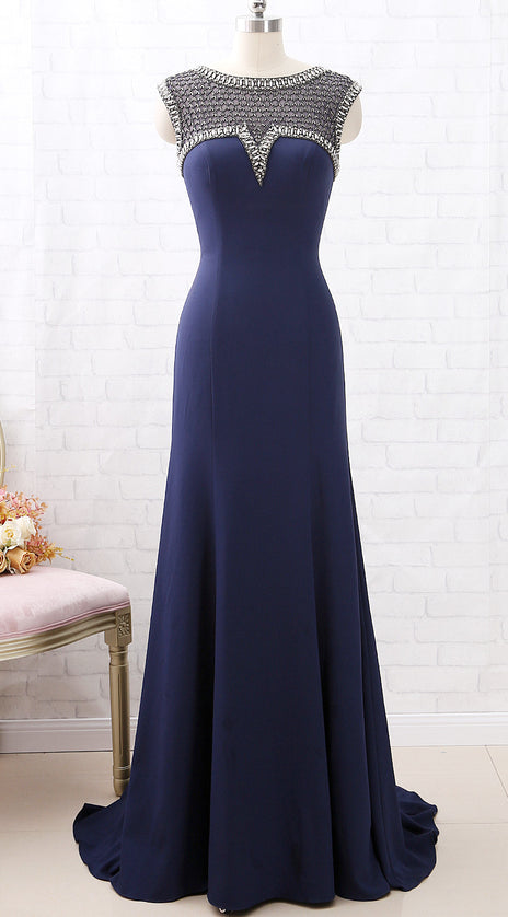 MACloth Cap Sleeves Beaded Long Mother of the Brides Dress Dark Navy Formal Evening Gown