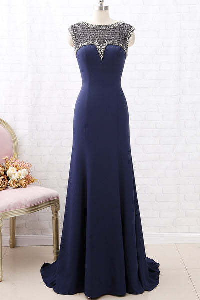 MACloth Cap Sleeves Beaded Long Mother of the Brides Dress Dark Navy Formal Evening Gown