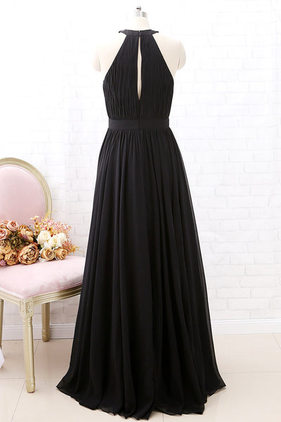 MACloth Halter O Neck Chiffon Long Bridesmaid Dress Black Formal Evening Gown