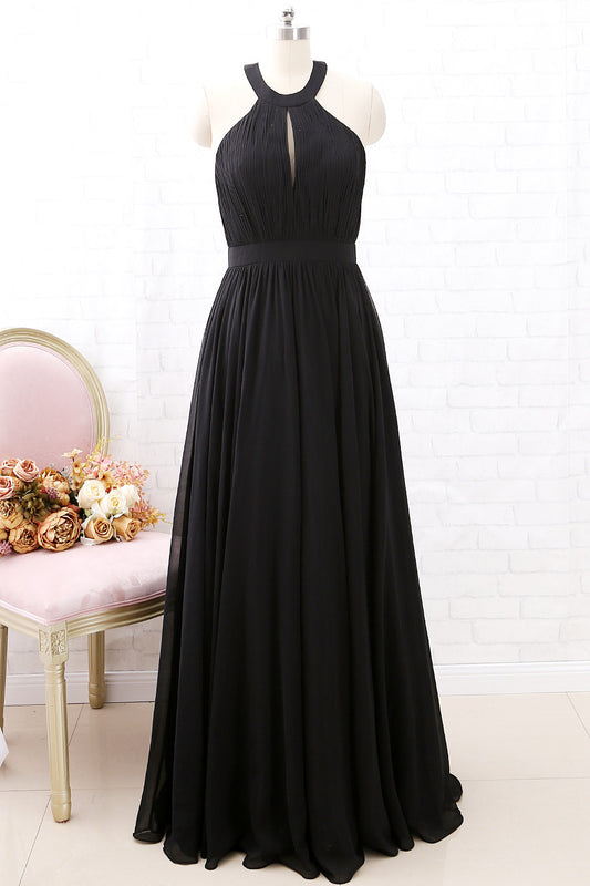 Vestido de dama de honor largo de gasa con cuello halter y escote redondo de MACloth, vestido de noche formal negro