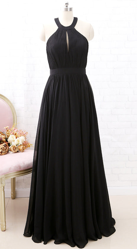 MACloth Halter O Neck Chiffon Long Bridesmaid Dress Black Formal Evening Gown
