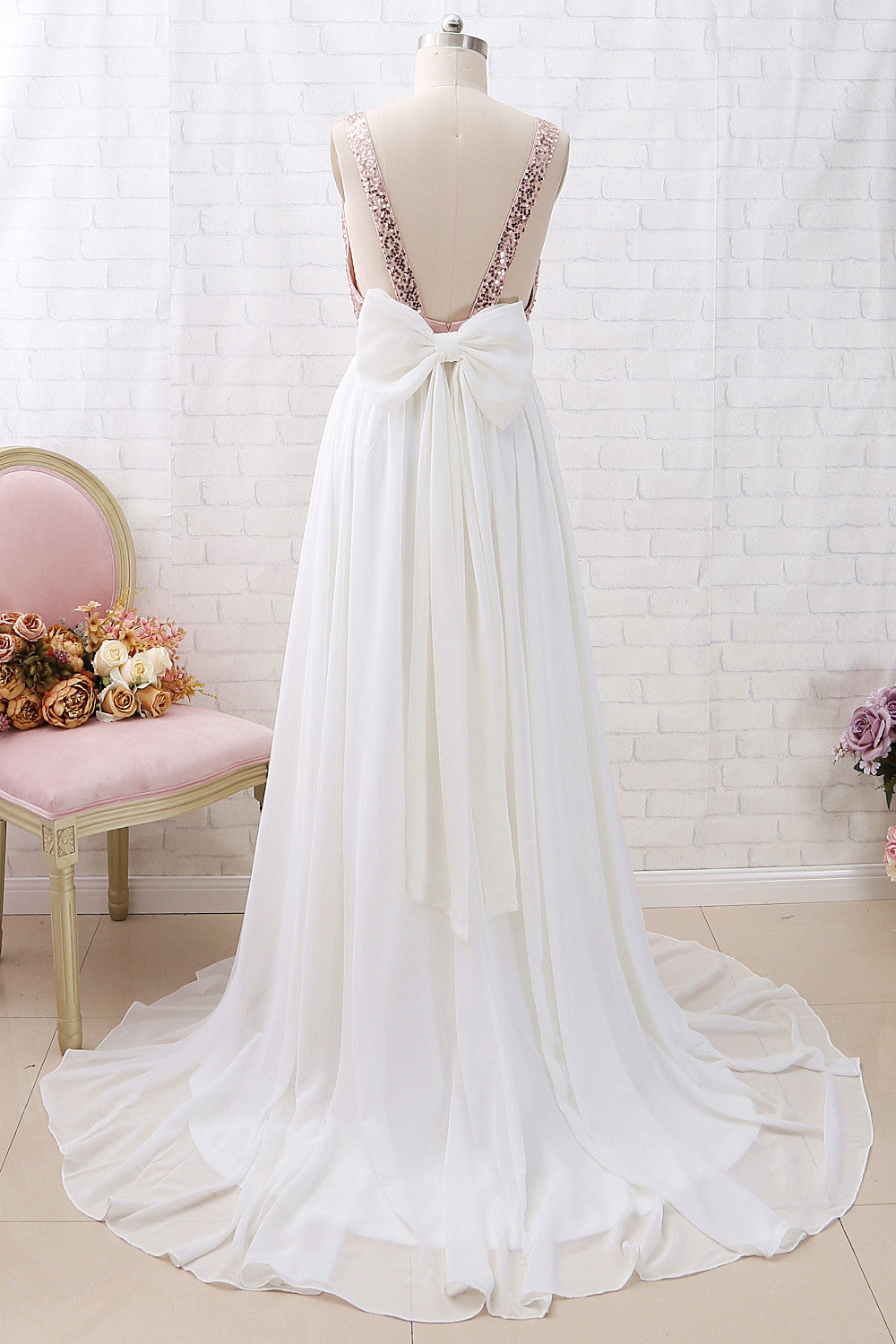 Vestido de fiesta largo de gasa con lentejuelas y escote en V con tirantes MACloth, vestido de noche formal en oro rosa