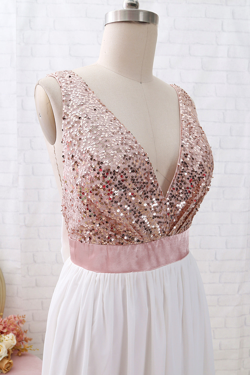 Vestido de fiesta largo de gasa con lentejuelas y escote en V con tirantes MACloth, vestido de noche formal en oro rosa