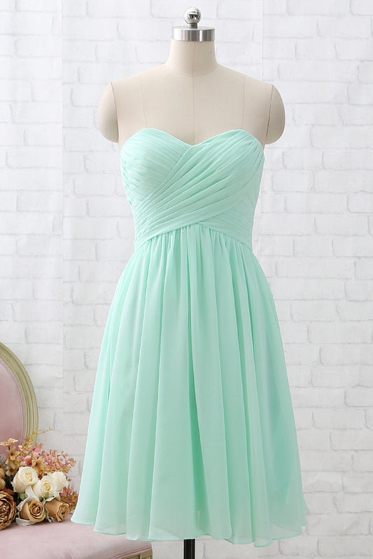 Vestido de dama de honor corto de color menta con escote en forma de corazón y sin tirantes de MACloth, vestido de fiesta formal