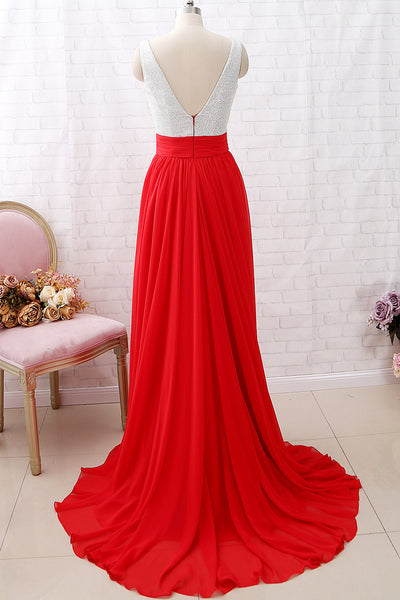 MACloth Straps V neck Red Long Prom Dress Chiffon Formal Evening Gown
